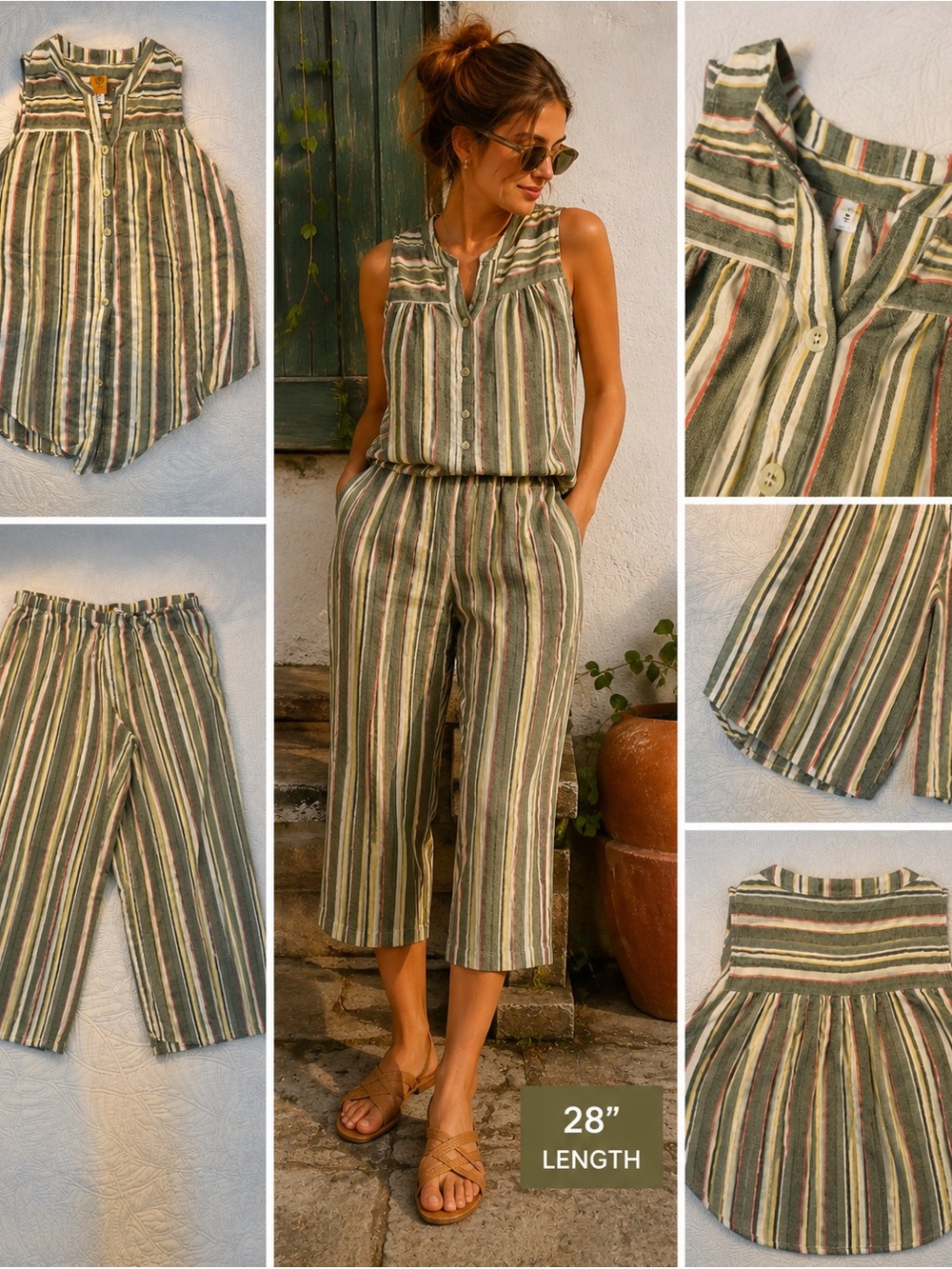 Ruby Rd. Petite Linen Blend Stripped Sleeveless Top & Cropped Pants 2-Piece Set